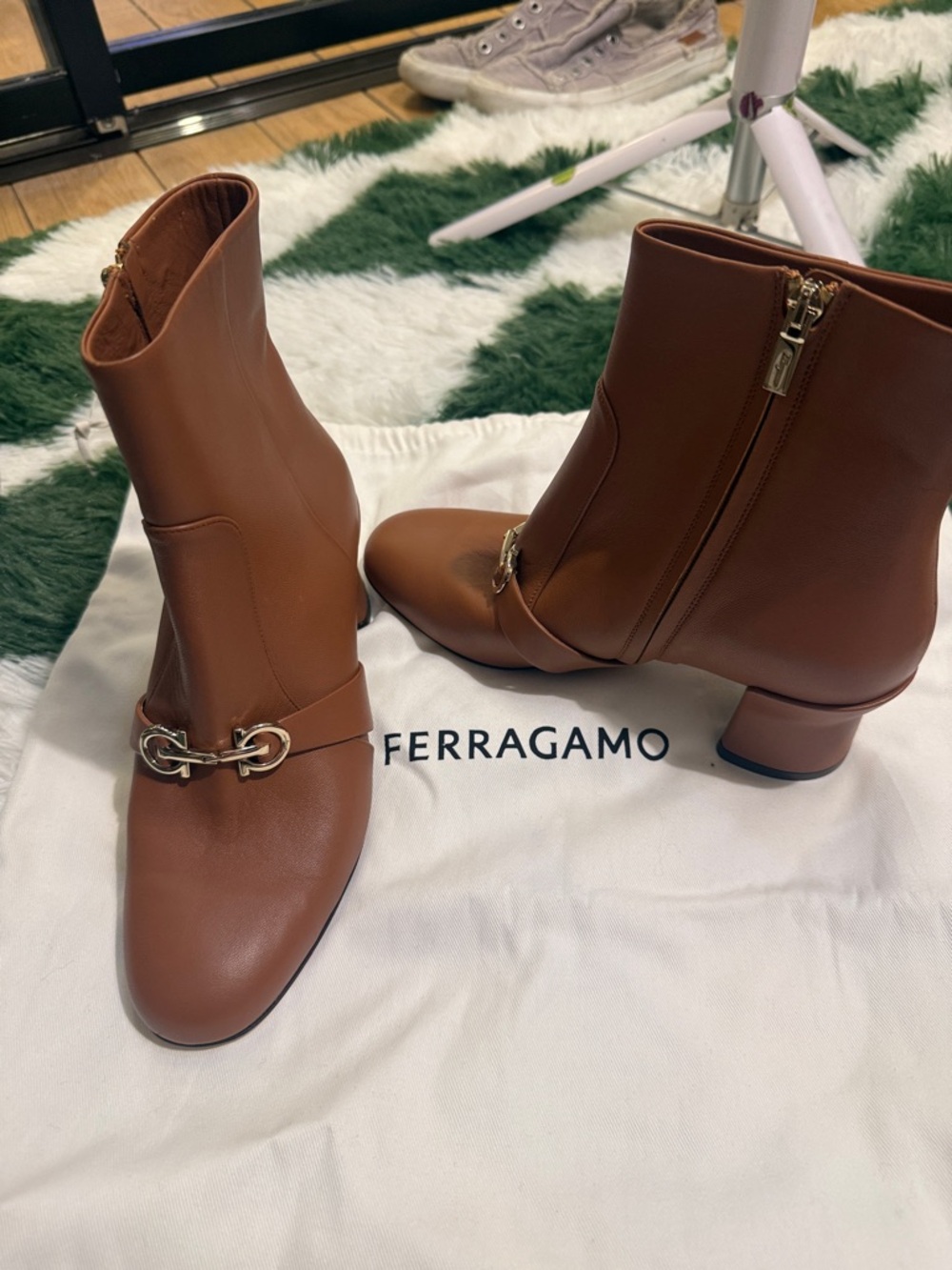 Salvatore Ferragamo Chestnut Leather Ankle Booties with Metal Bit